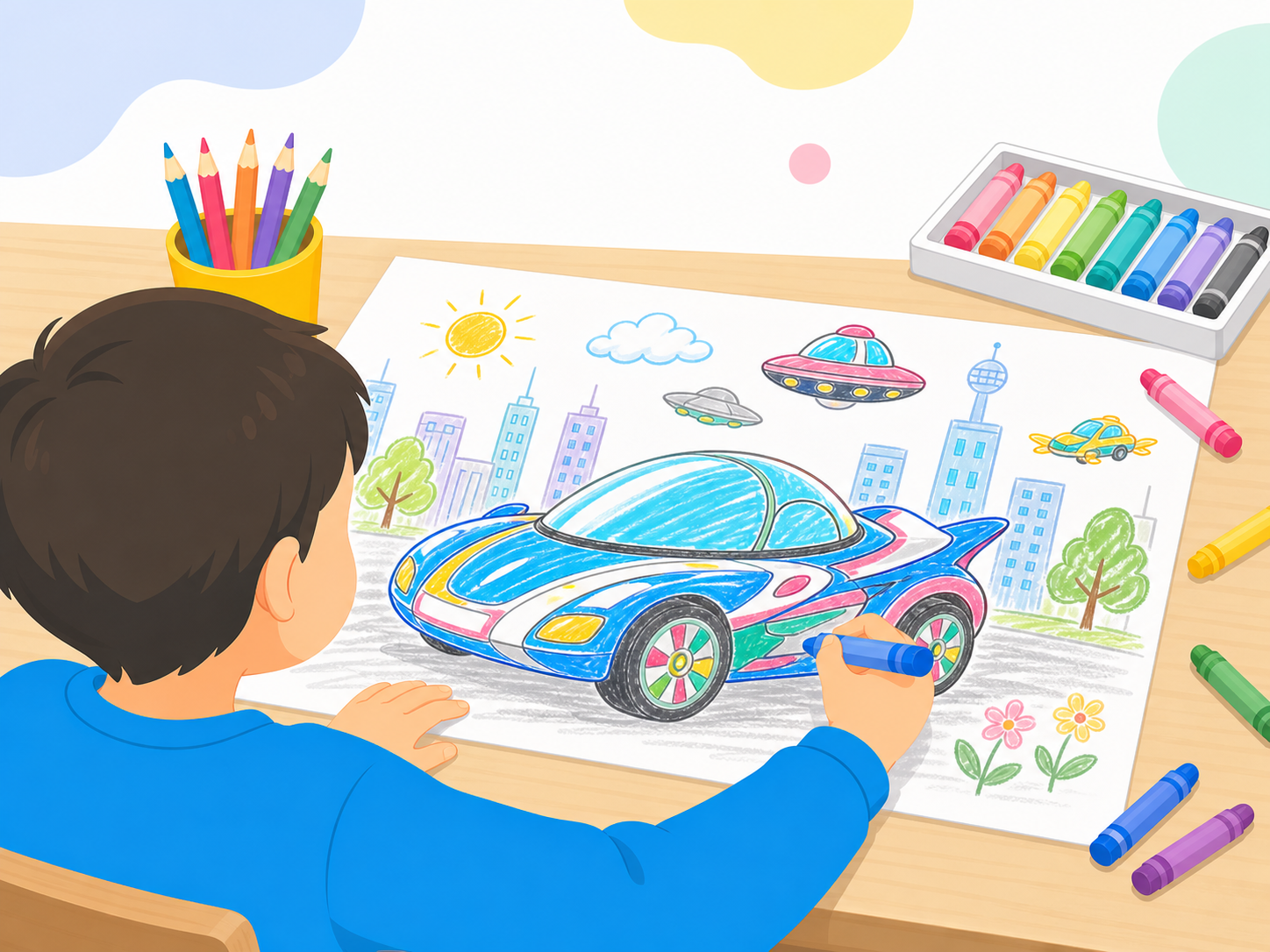 画用紙に未来のクルマを描く子ども